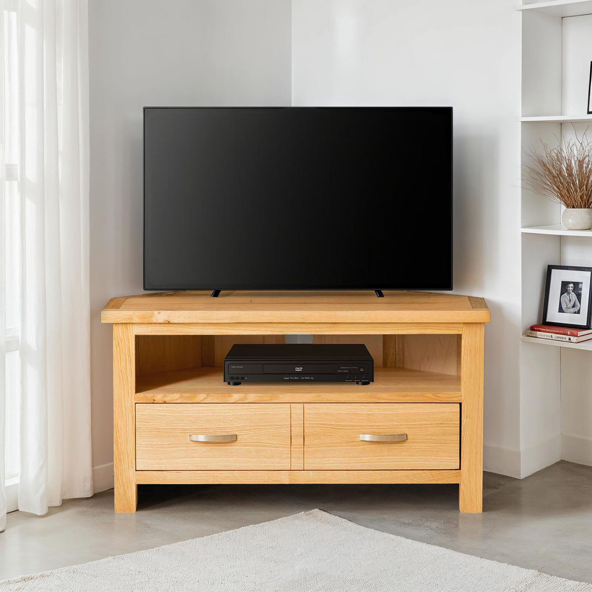 London Oak Corner TV Stand for compact contemporary living rooms