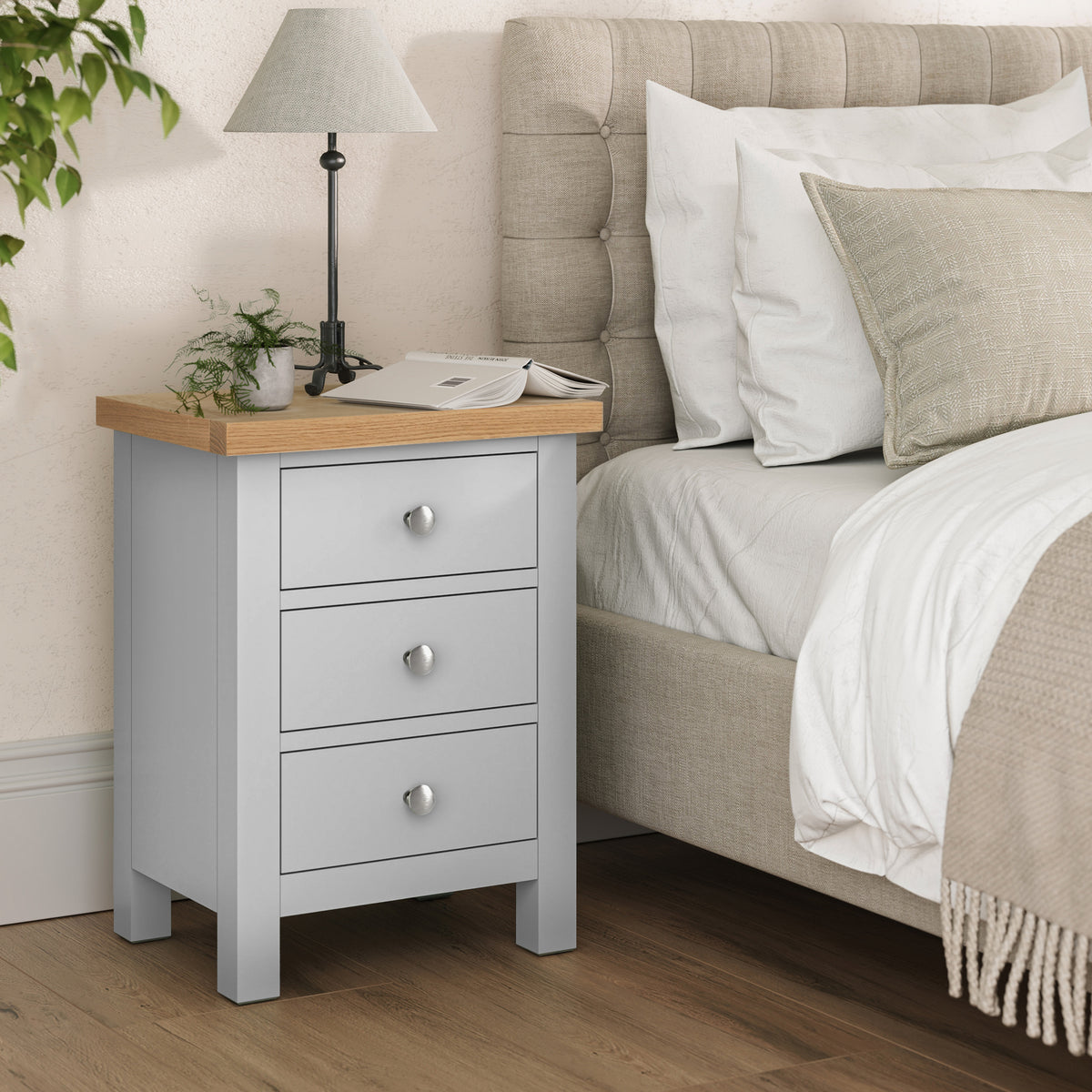 Farrow Grey Bedside Table from Roseland Furniture - Lifestyle Shot