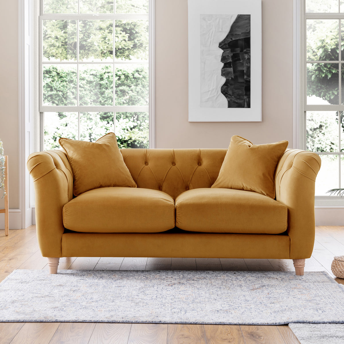 Clarence Ochre Velvet Chesterfield 2 Seater couch for living room