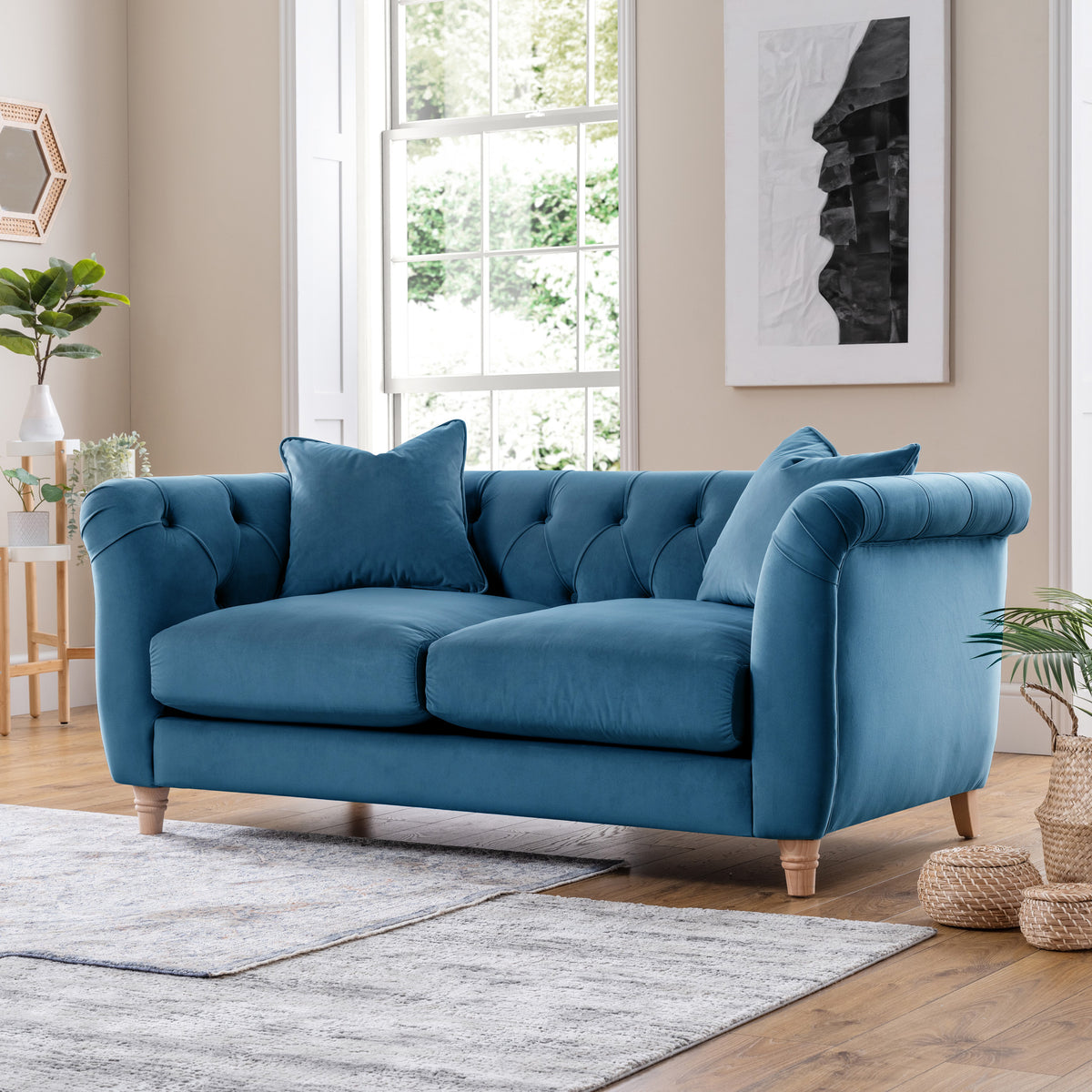 Clarence Sky Blue Velvet Chesterfield 2 Seater Sofa for living room