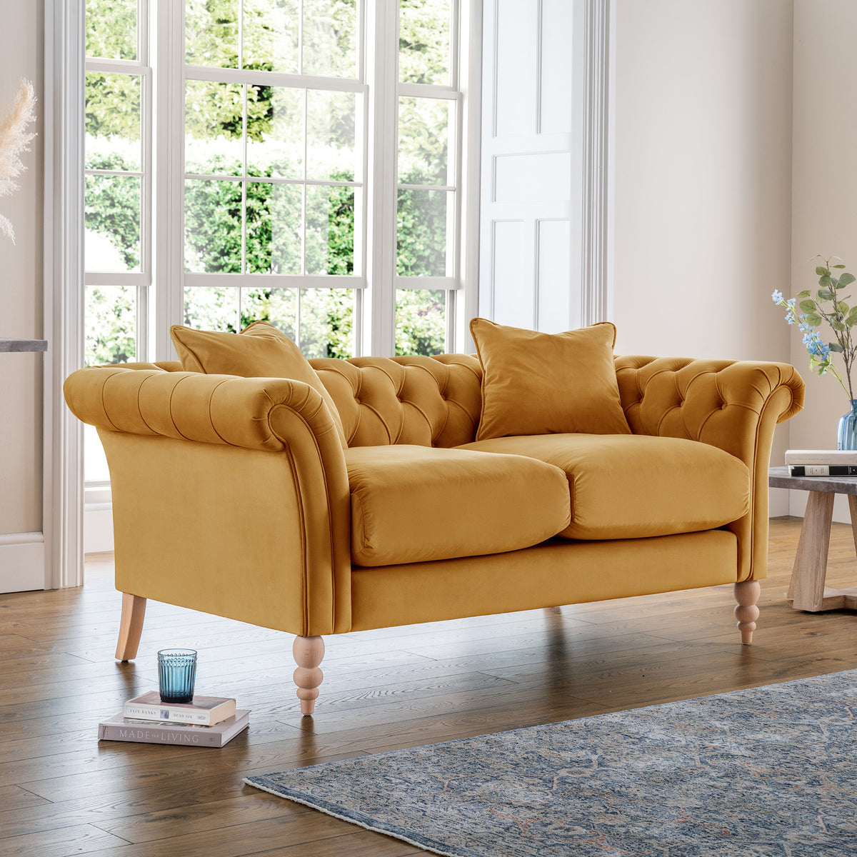 Balmoral Ochre Velvet Chesterfield 2 Seater Sofa for living room