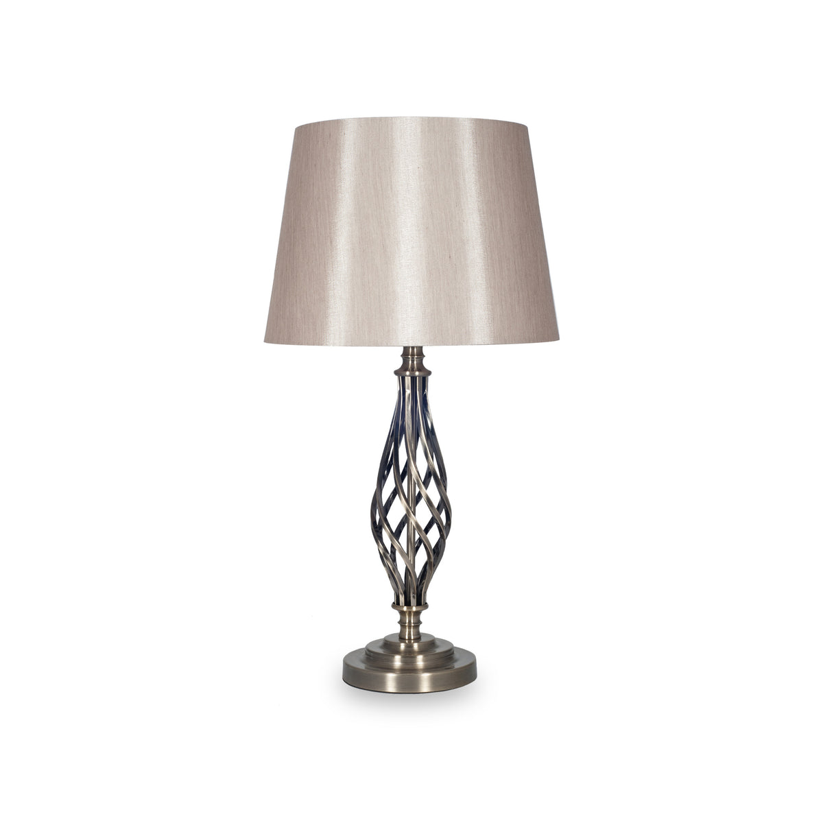 Jenna Silver Metal Twist Detail Table Lamp from Roseland FurnitureJenna Silver Metal Twist Detail Table Lamp from Roseland Furniture