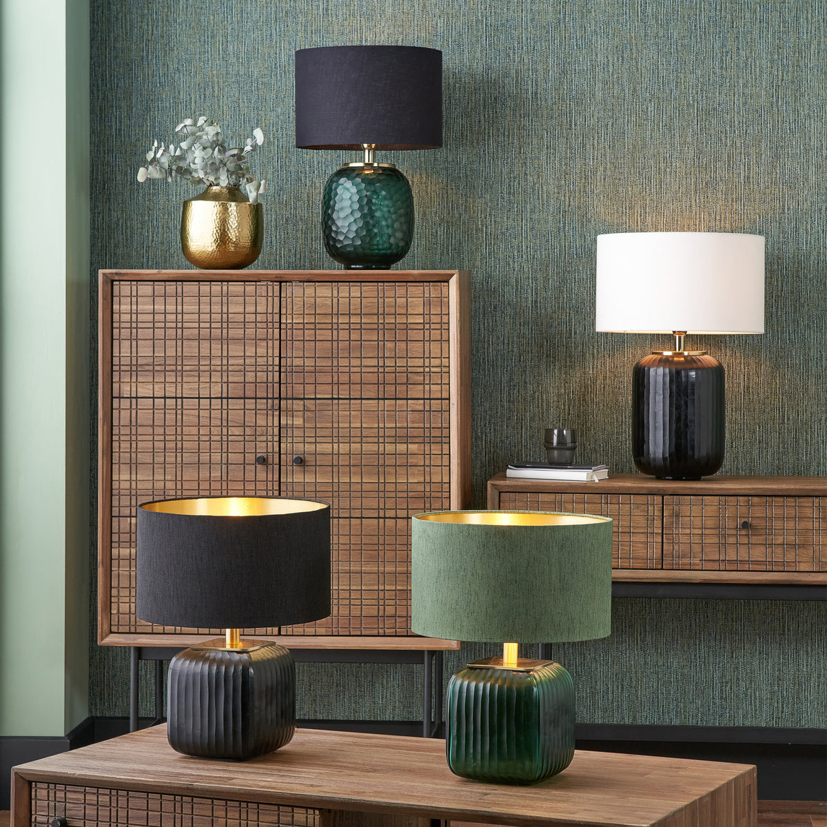 Camila Green Cold Cut Textured Glass Table Lamp for bedroom