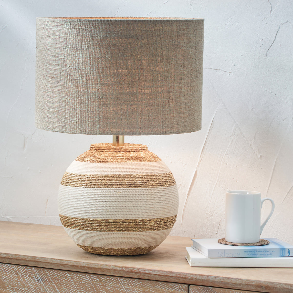 Talalla Cream and Natural Sea Grass Round Table Lamp for bedroom or living room