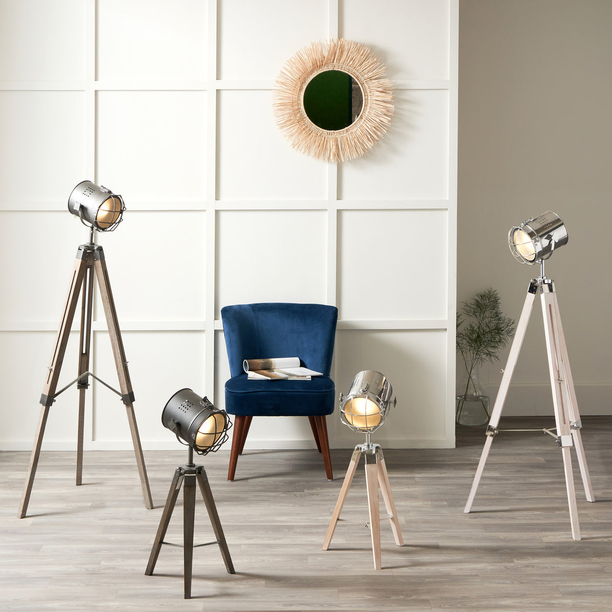 Capstan White Wash and Silver Metal Tripod Floor Lamp for living room