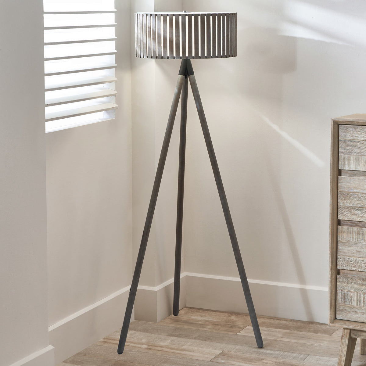 Rabanne Antique Wood Slat Tripod Floor Lamp from Roseland Furniture