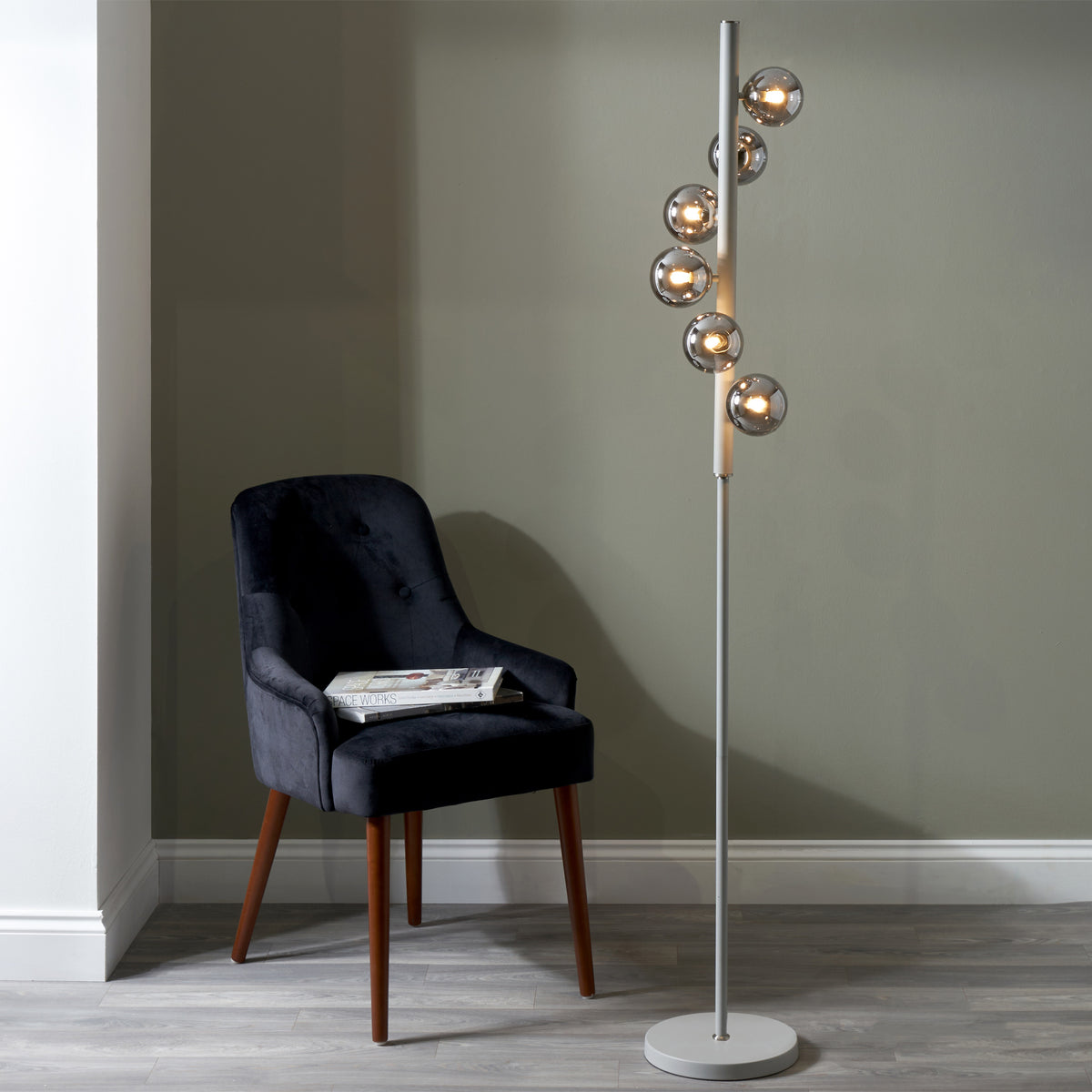 Blair Smoke Glass Ball and Grey Metal Floor Lamp for living room