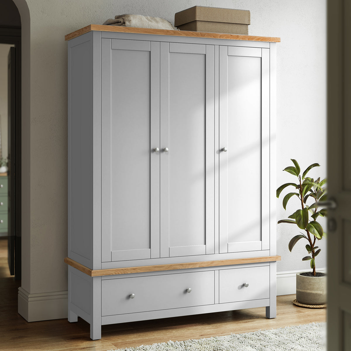 Farrow Grey Triple Wardrobe with Storage Drawers from Roseland Furniture