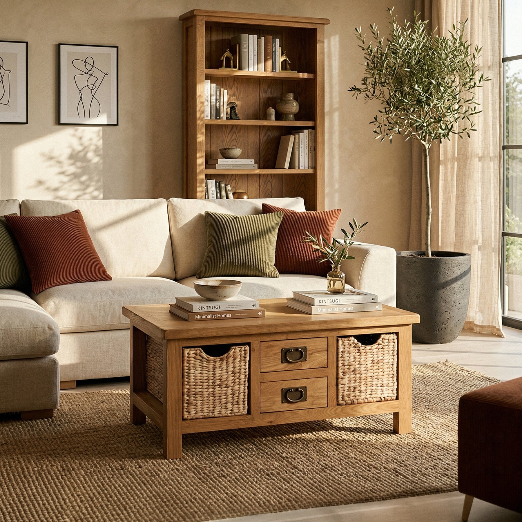 Surrey Oak Coffee Table with Baskets by Roseland Furniture