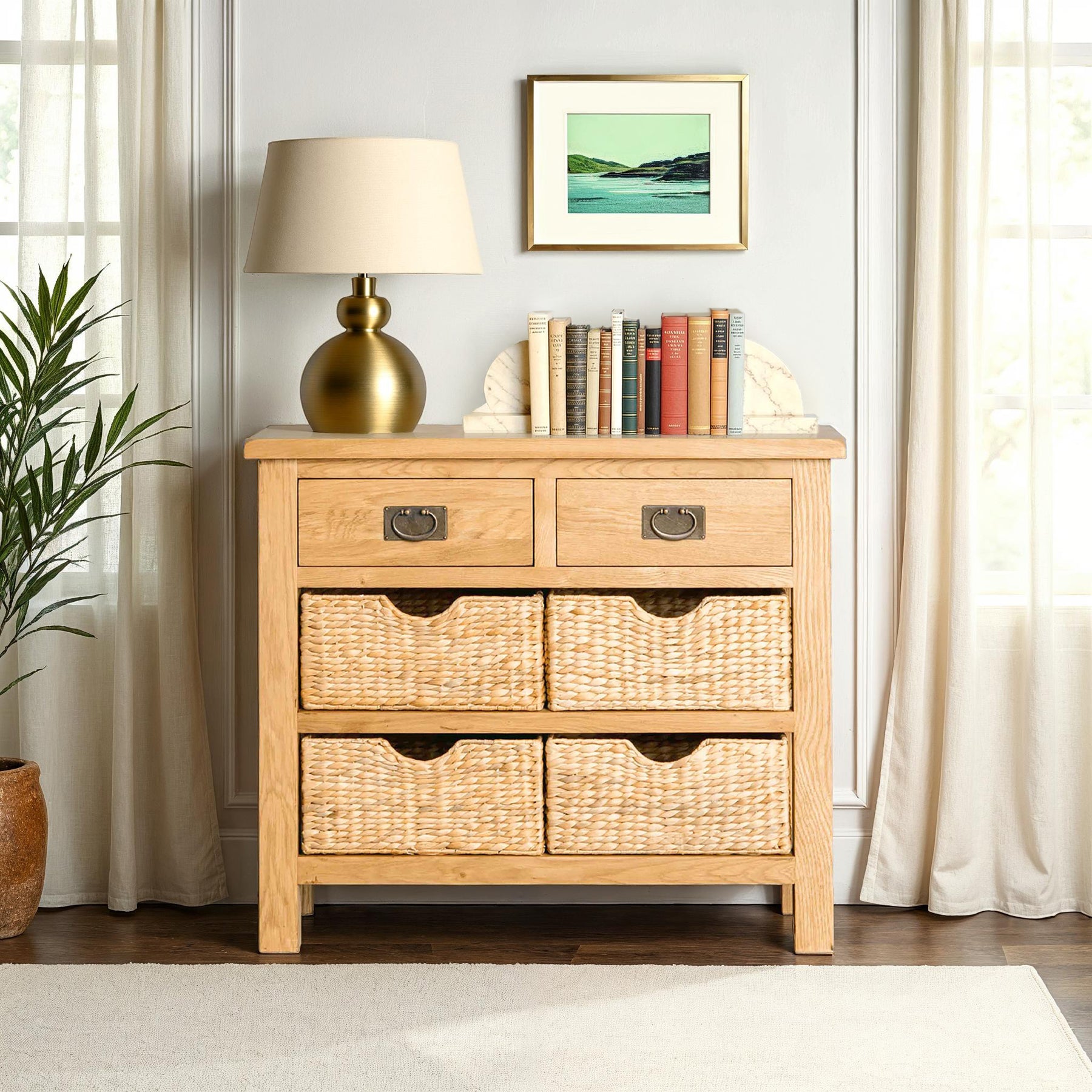 Surrey Oak Console Table with Baskets from Roseland Furniture