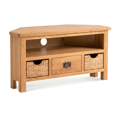 Surrey Oak Corner TV Stand with Baskets