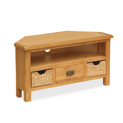 Surrey Oak Corner TV Stand with Baskets