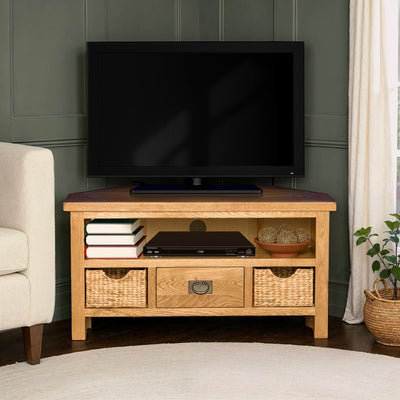 Surrey Oak Corner TV Stand with Baskets