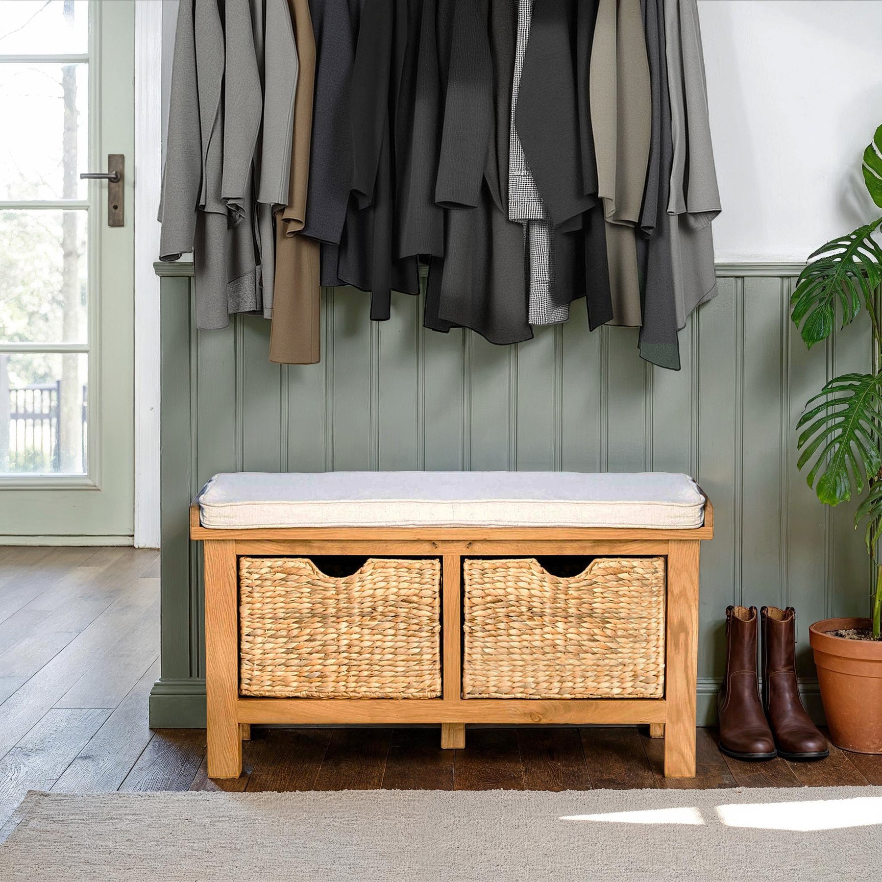 Surrey Oak Hall Bench with Baskets in  modern country entryway from Roseland Furniture