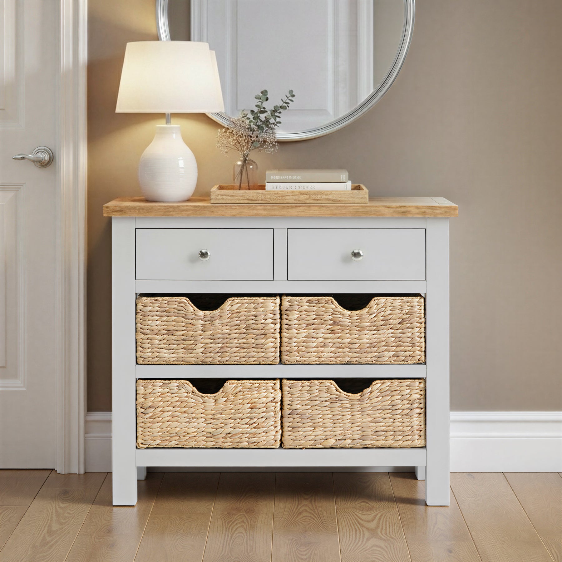 Farrow Grey Console Table with Baskets from Roseland Furniture