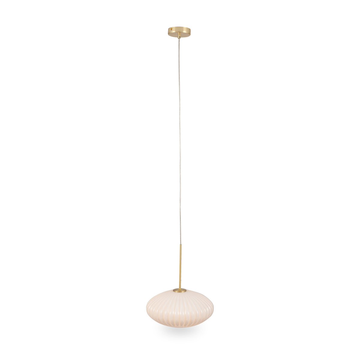 Emilia White Glass and Gold Metal Ribbed Oval Pendant from Roseland Furniture