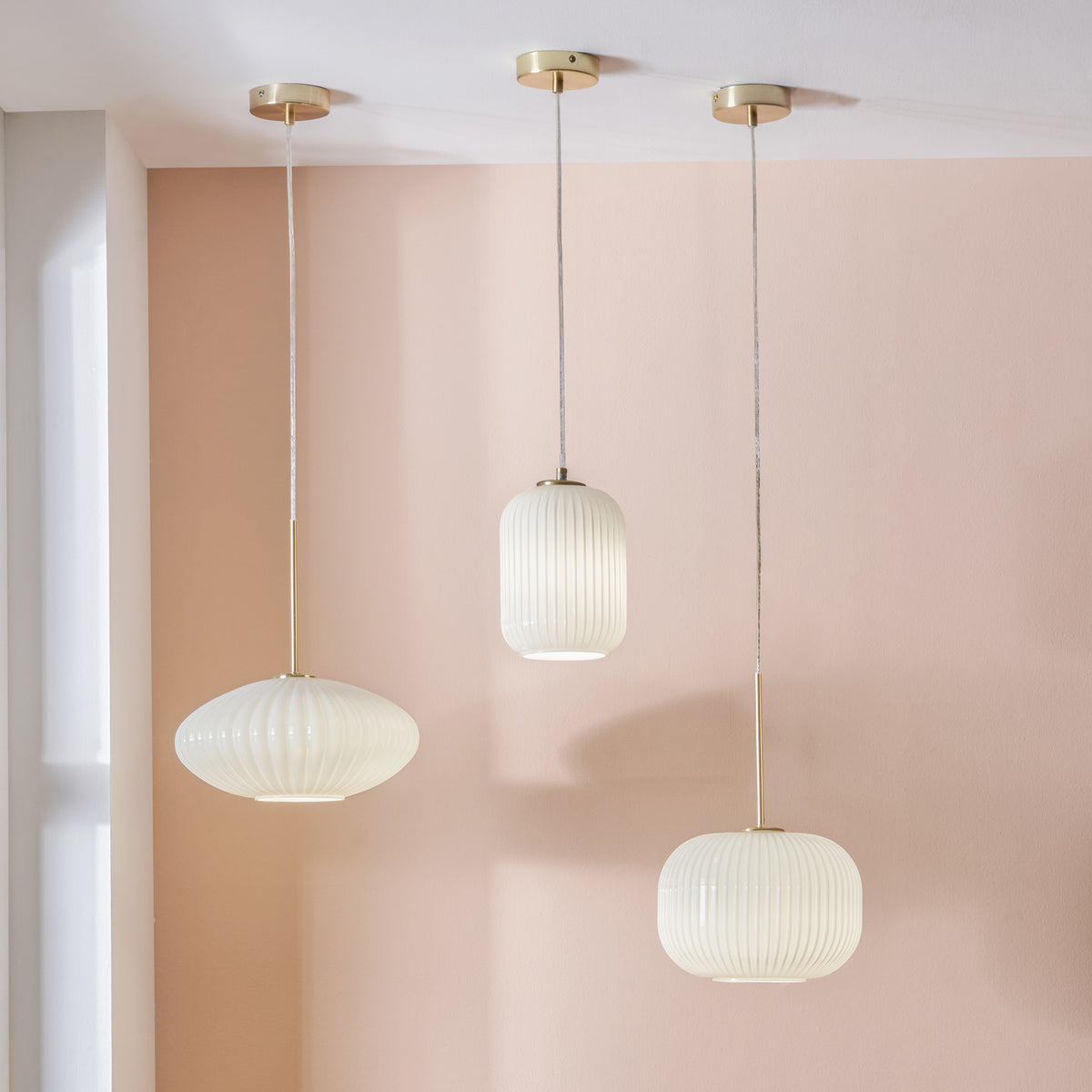 Bella White Glass and Gold Metal Ribbed Squoval Pendant