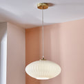 Emilia White Glass and Gold Metal Ribbed Oval Pendant for living room