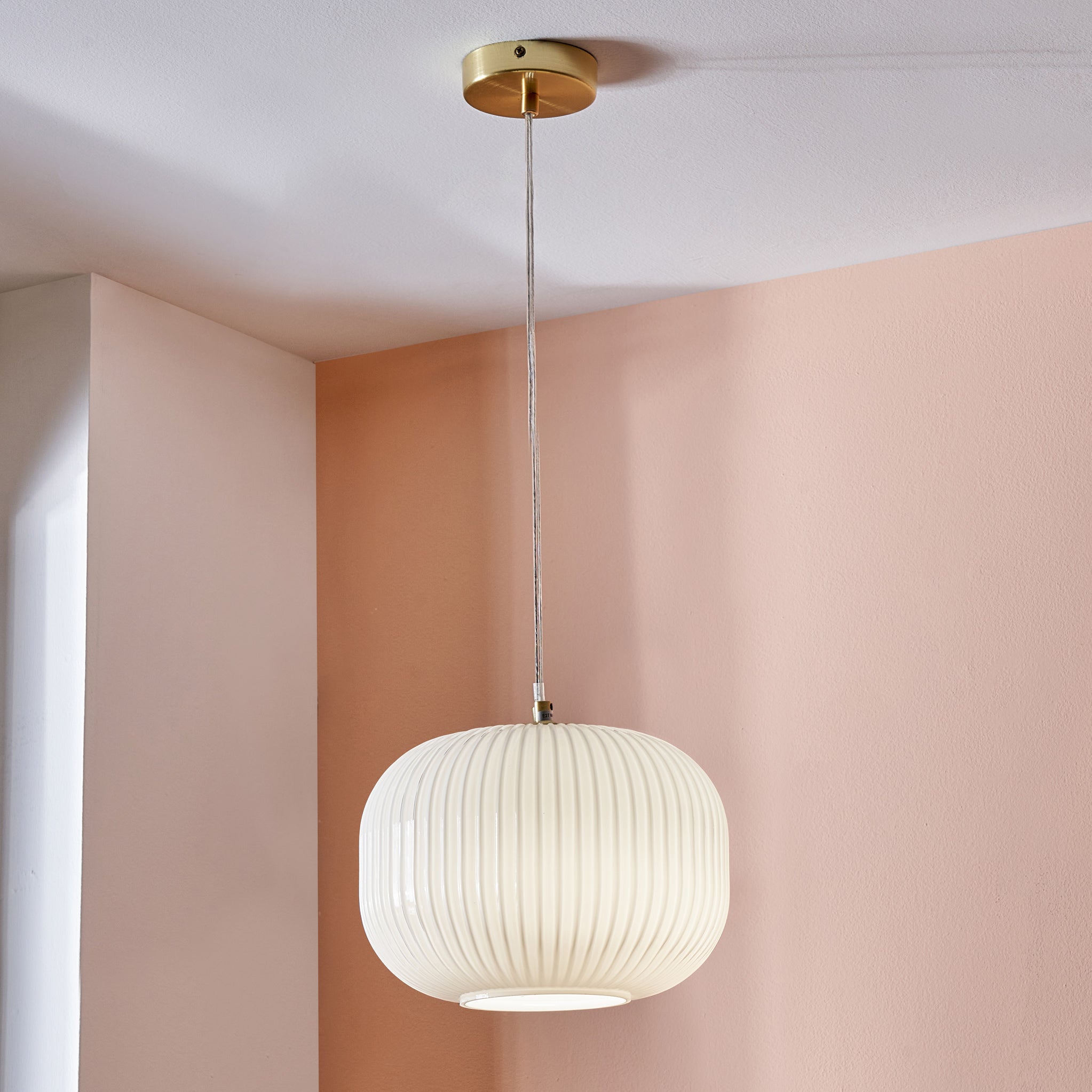 Bella White Glass Gold Metal Ribbed Squoval Pendant for Living