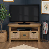Zelah Oak Corner TV Stand with Baskets by Roseland Furniture