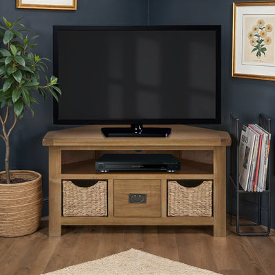 Zelah Oak Corner TV Stand with Baskets