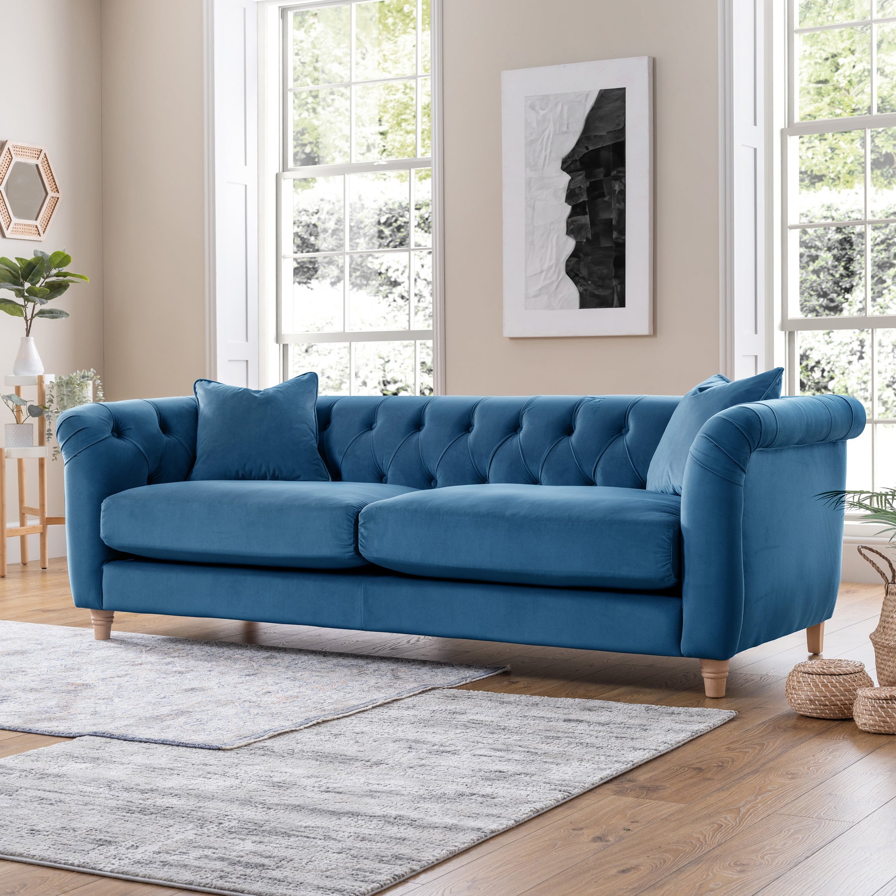 Clarence Sky Blue Velvet Chesterfield 3 Seater Sofa for living room