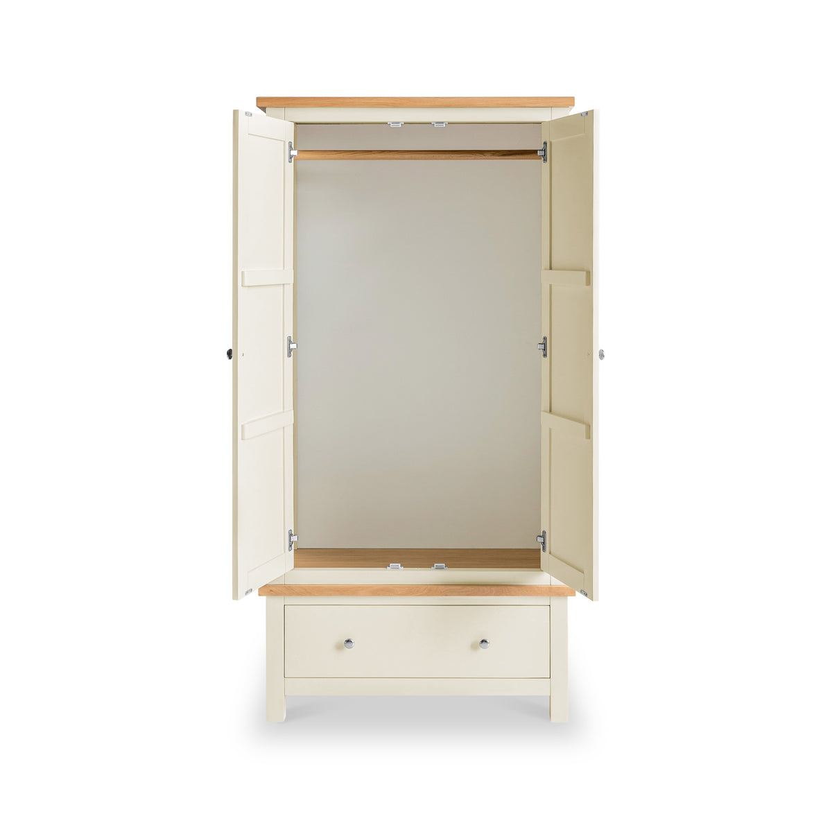 Farro Cream 2 Door Double Wardrobe with open doors and wooden hanging rail