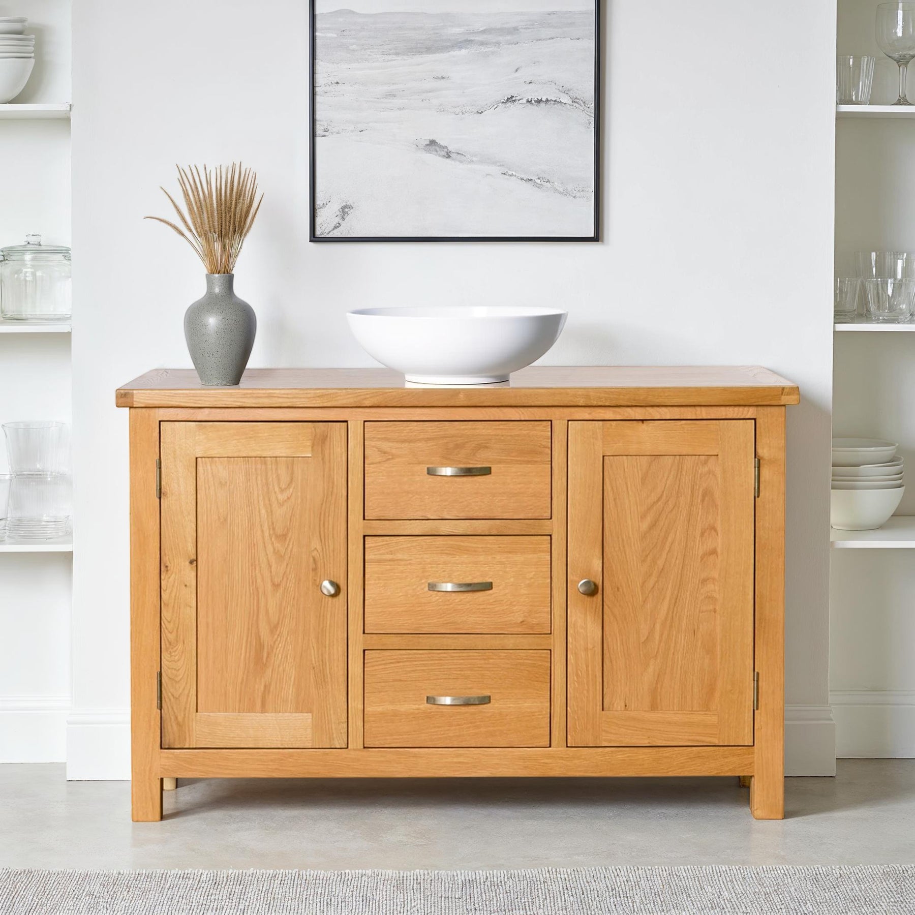 London Oak 3 Drawer Sideboard Cabinet for contemporary living or dining room from Roseland Furniture