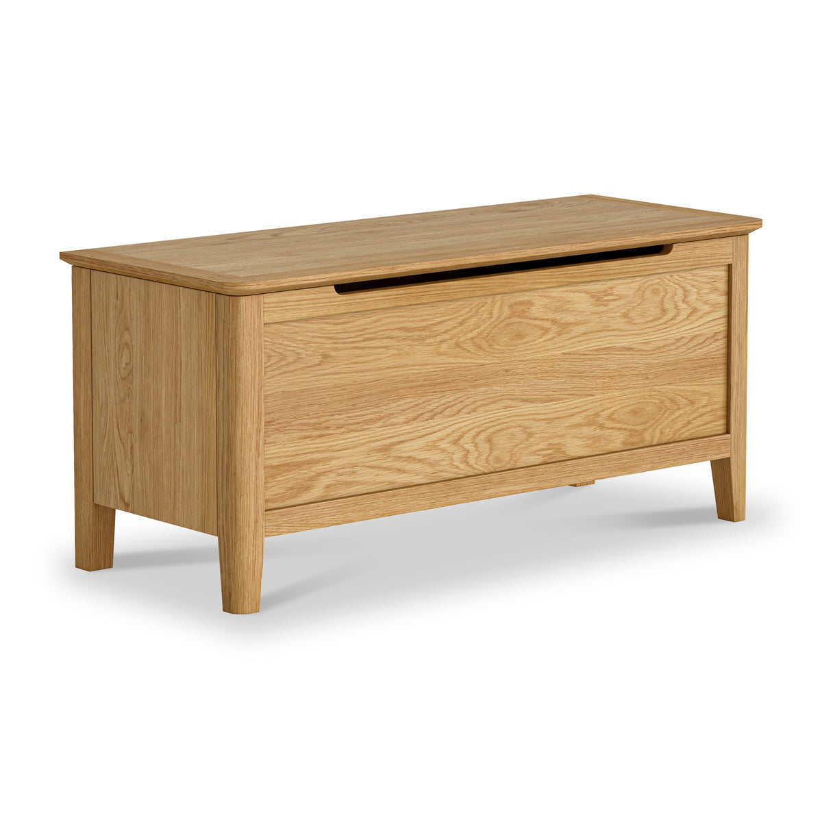 A wooden oak toy box with a hinged lid and panelled sides, set against a white background.