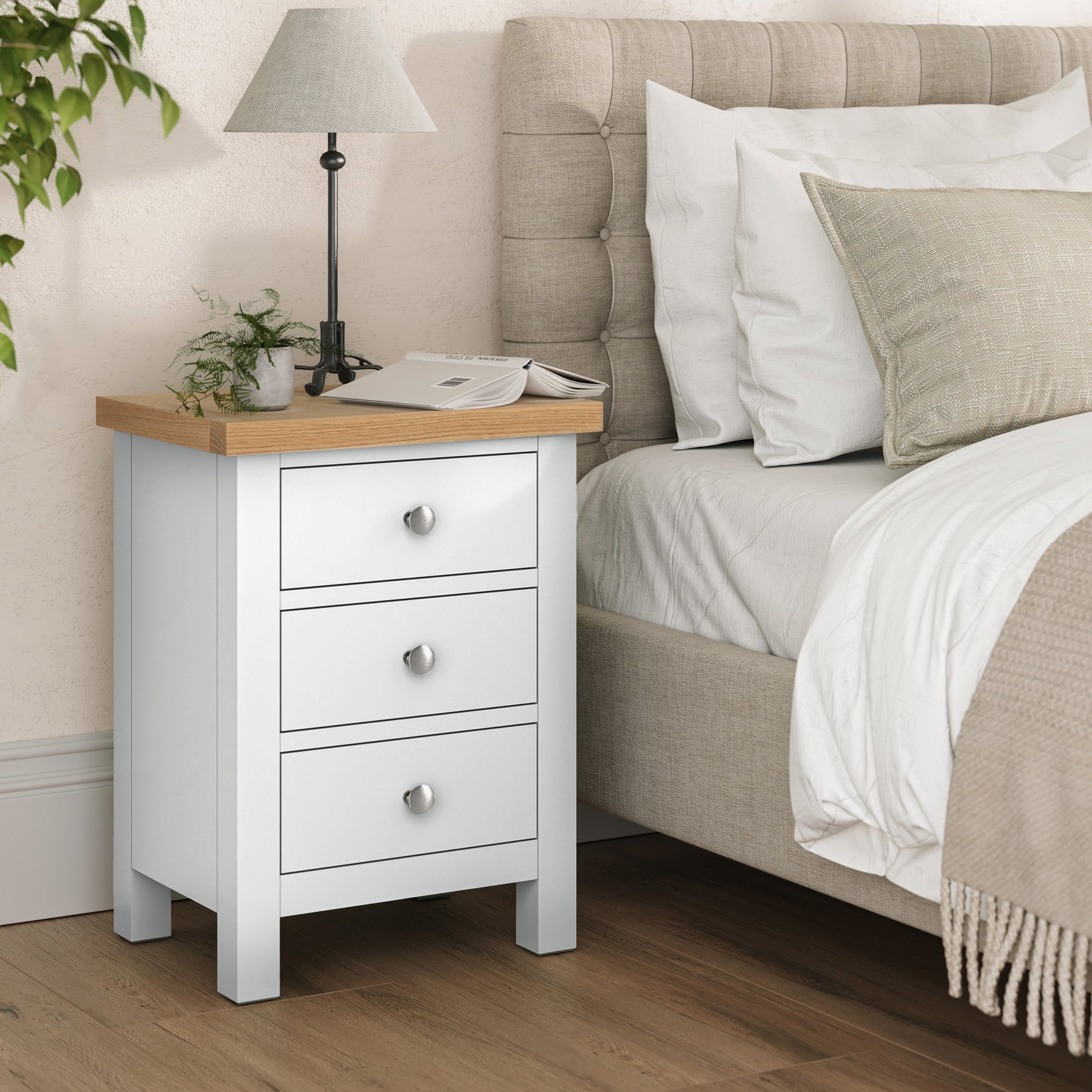 Farrow White Bedside Table from Roseland Furniture - Lifestyle shot