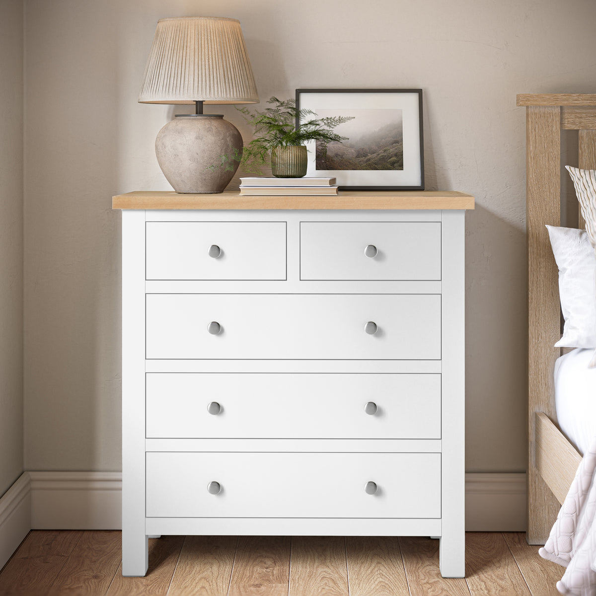 Farrow White 2 Over 3 Chest Of Drawers from Roseland Furniture - Lifestyle Shot