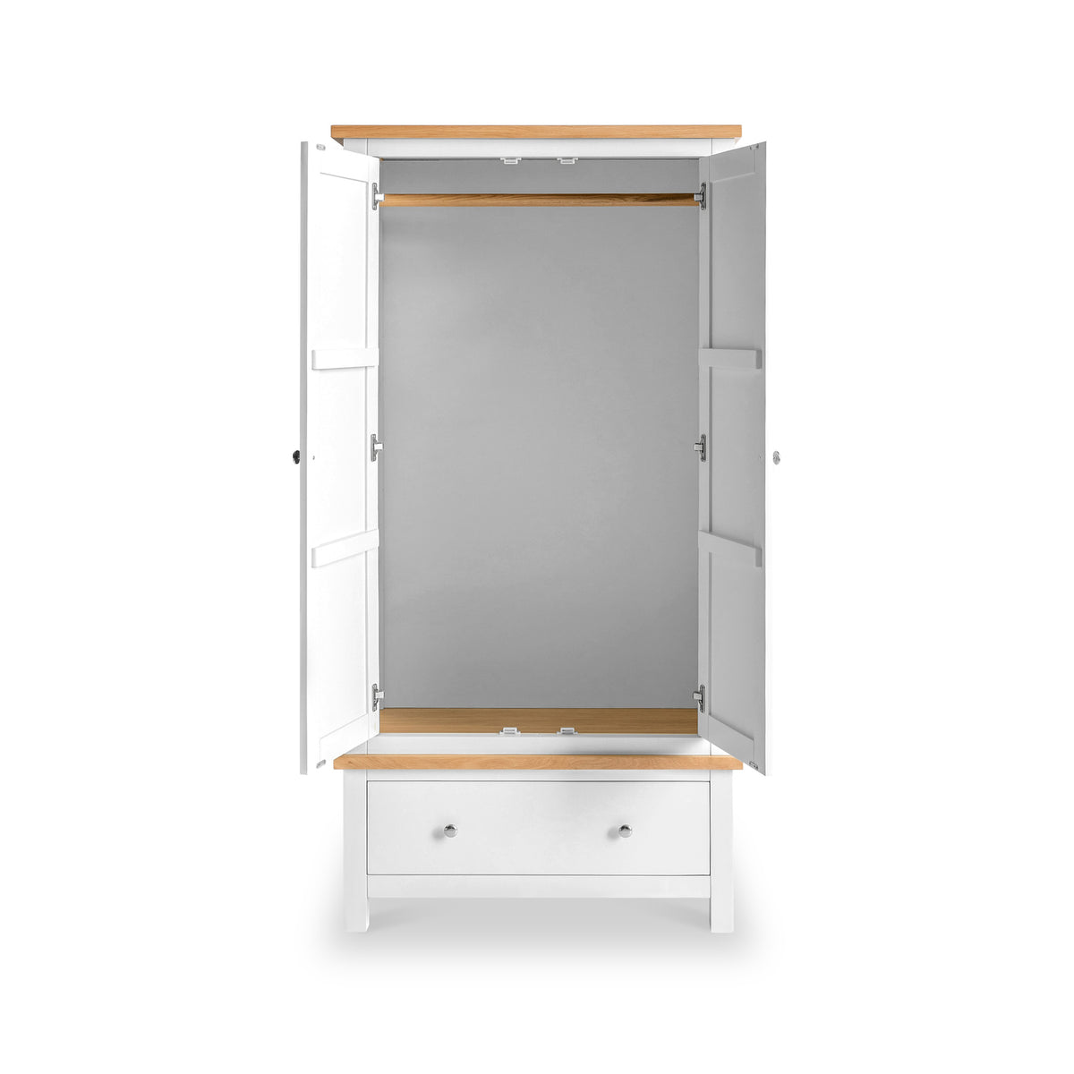Farrow White 2 Door Double Wardrobe with open doors and wooden hanging rail