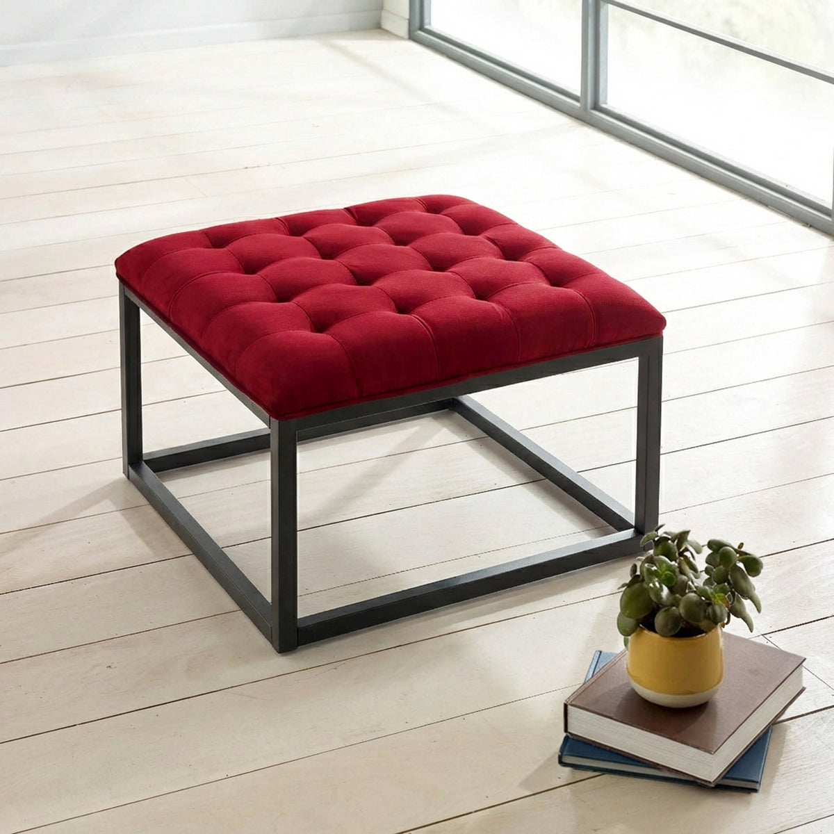 Adison Small Red Velvet Upholstered Footstool from Roseland