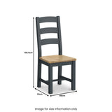 A wooden chair with a natural seat and grey frame, measuring 108.5cm tall, 51cm deep, and 46cm wide, labeled for size information.