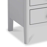 A white dresser with three drawers is partially visible, standing stationary against a plain background.
