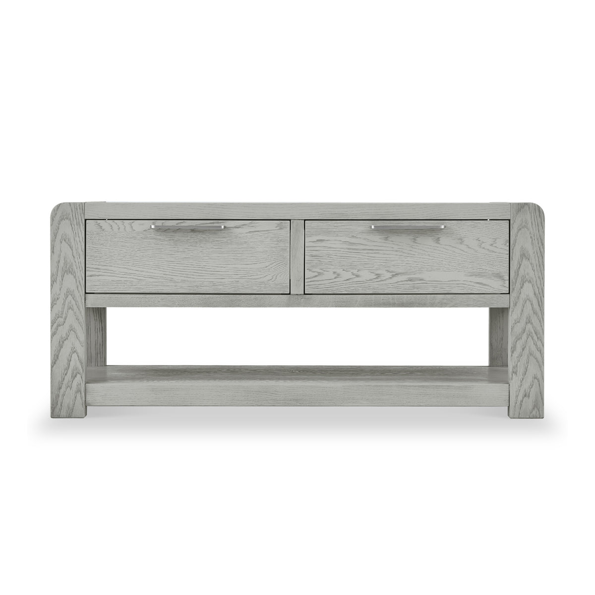 A light grey wooden bench with two drawers and horizontal metal handles, against a white background.