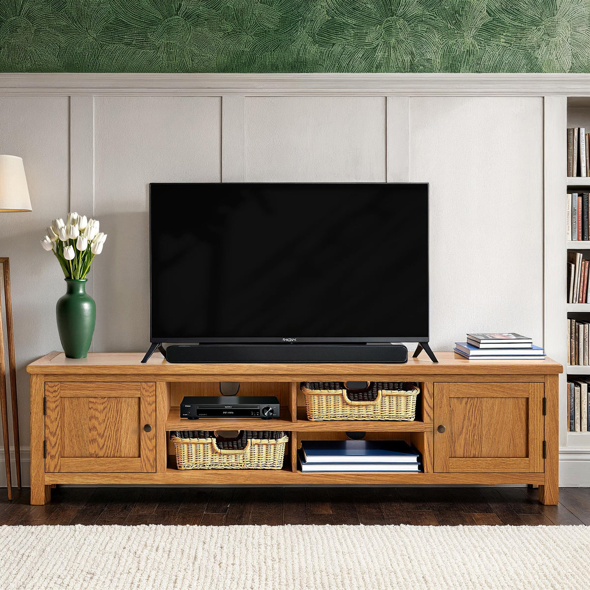 Surrey Oak 180cm Extra Wide TV Stand in modern country living room from Roseland Furniture