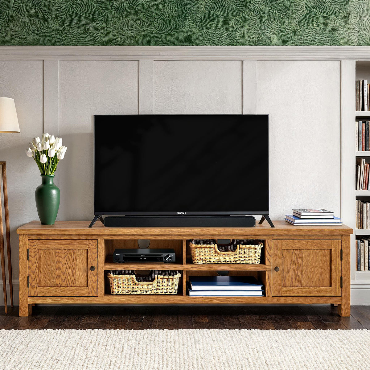 Surrey Oak 180cm Extra Wide TV Stand in modern country living room from Roseland Furniture