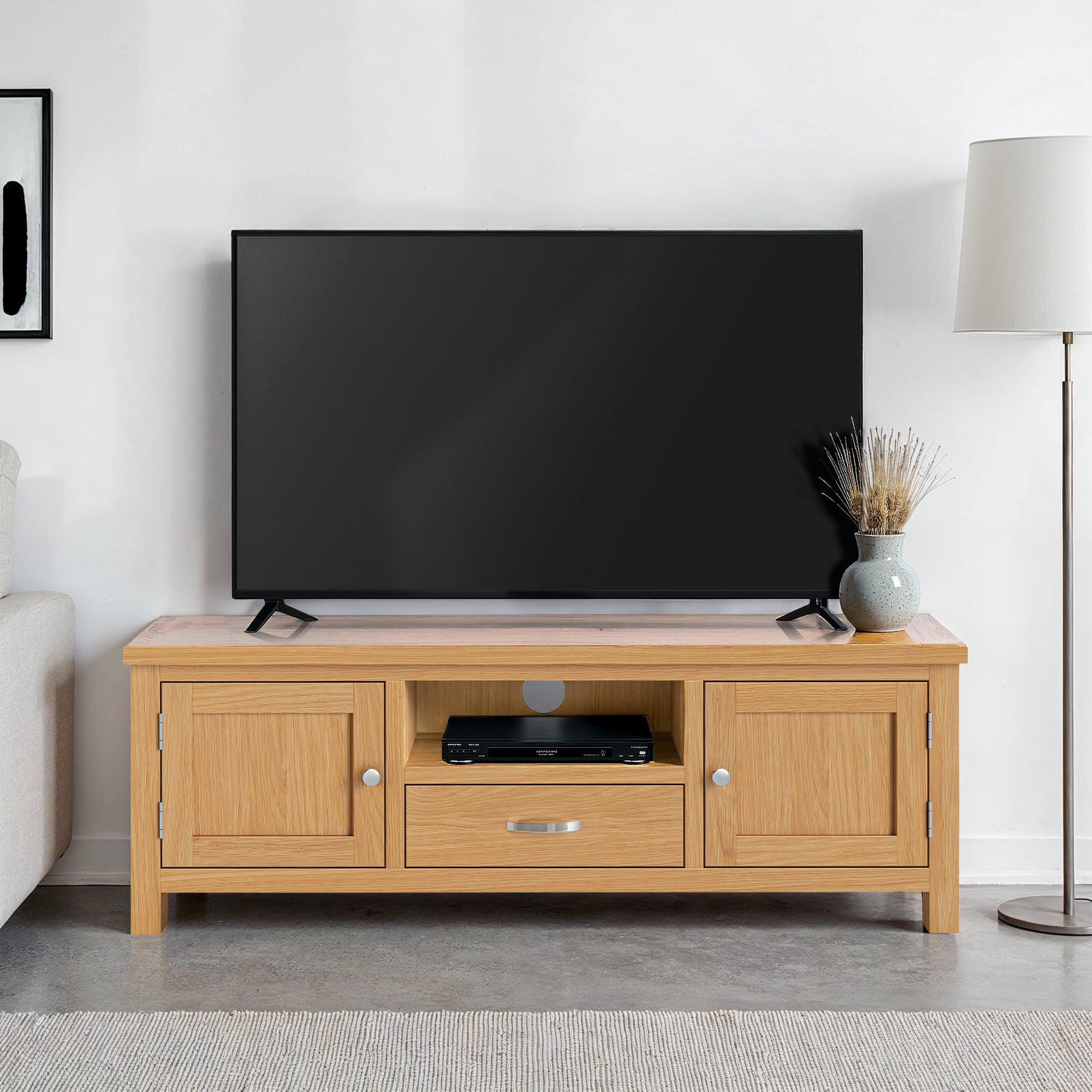 London Oak 140cm Wide TV Stand for contemporary living room from Roseland Furniture