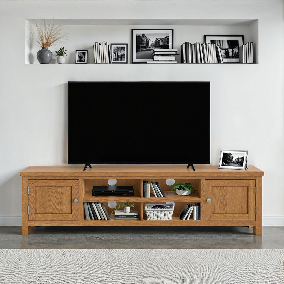 London Oak 180cm Extra Wide TV Stand for contemporary living room from Roseland Furniture