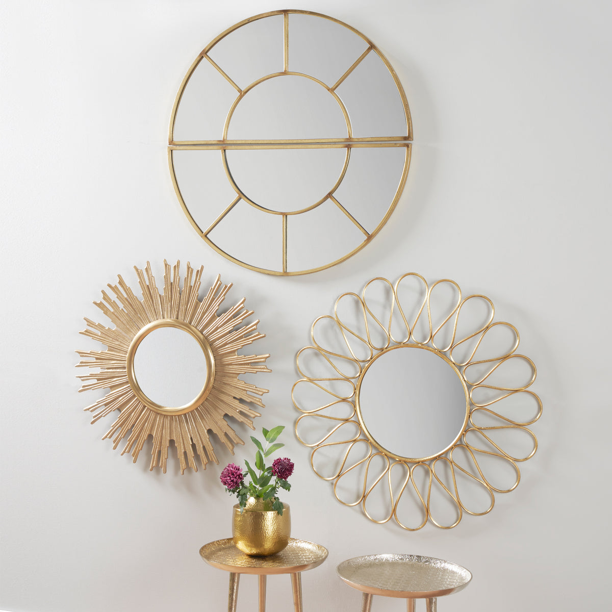 Antique Gold Metal Petal Design Round Wall Mirror