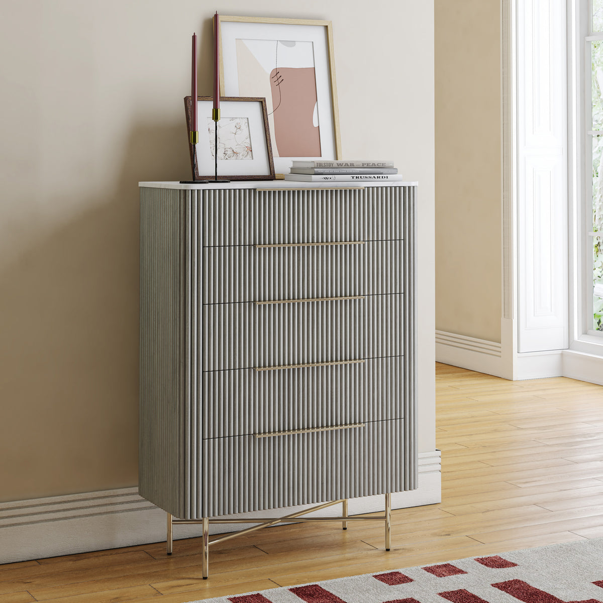 Amelie Grey Fluted 5 Drawer Chest by Roseland Furniture