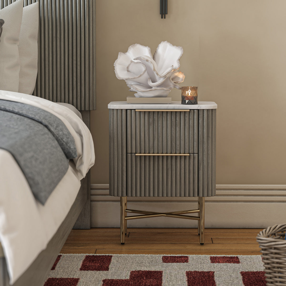 Amelie Grey Fluted 2 Drawer Narrow Bedside by Roseland Furniture
