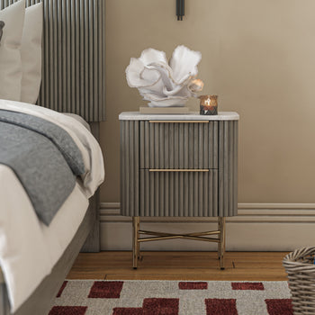 Amelie Grey Fluted 2 Drawer Narrow Bedside Table