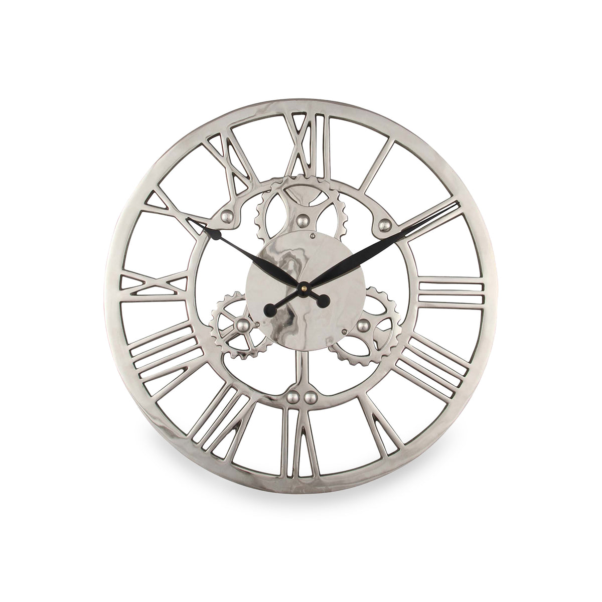 Shiny Nickel Cog Design Round Wall Clock Small from Roseland Furniture
