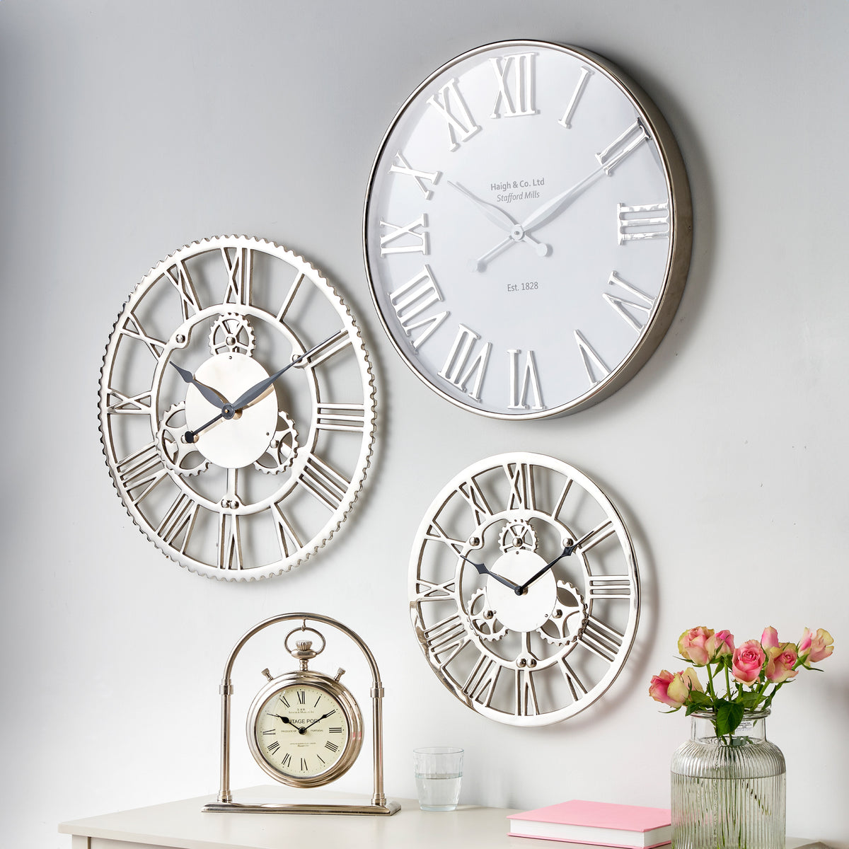 Shiny Nickel Cog Design Round Wall Clock Small from Roseland Furniture
