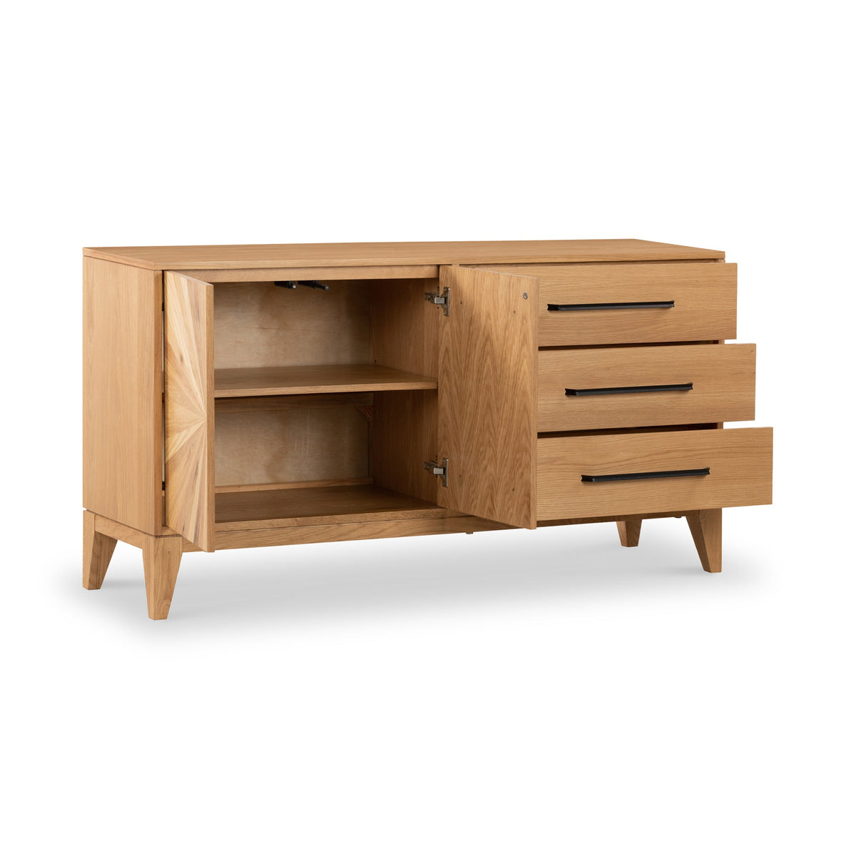 Sunburst Oak Large 2 Door 3 Drawer Sideboard from Roseland Furniture