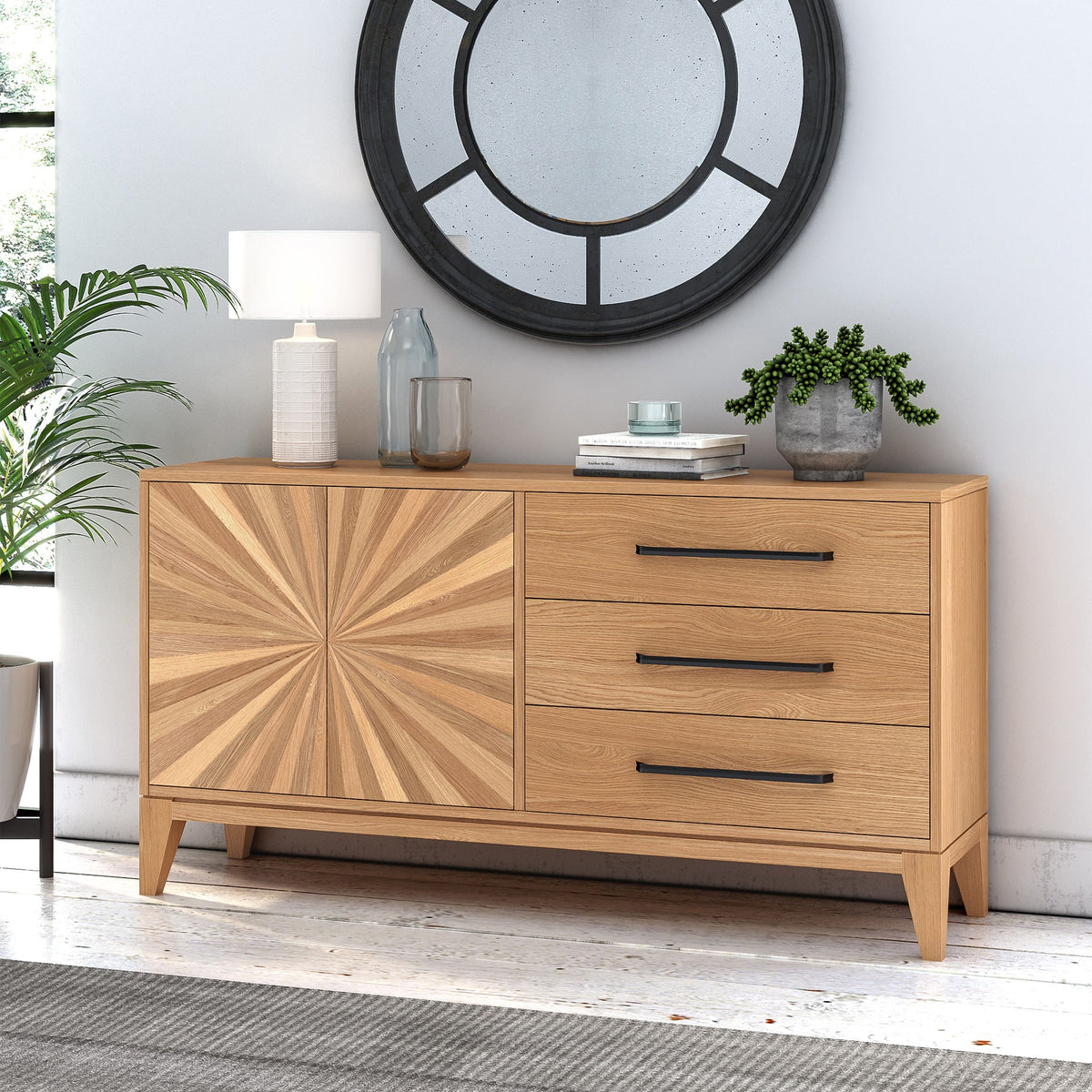 Sunburst Oak Large 2 Door 3 Drawer Sideboard from Roseland Furniture