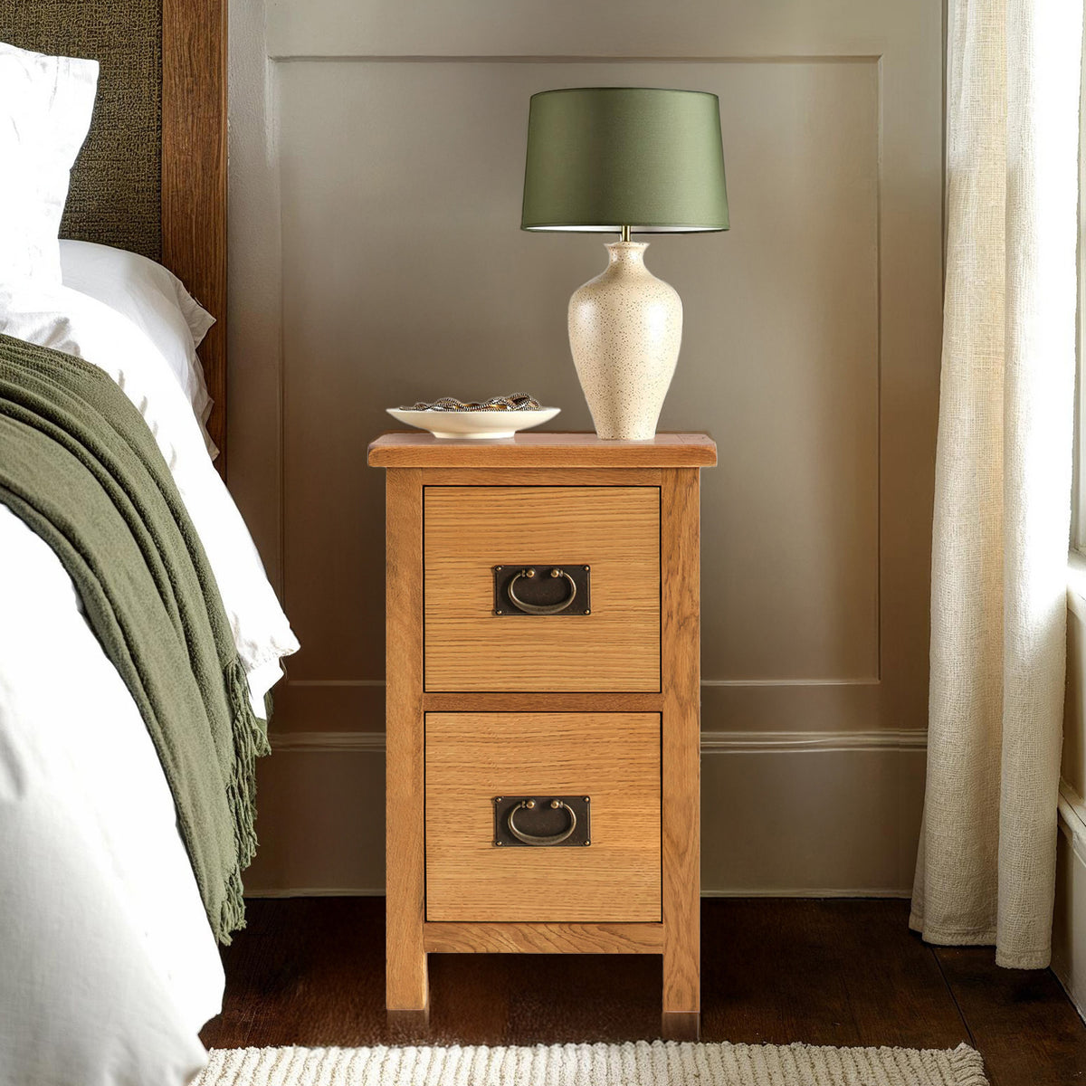 Surrey Oak Slim Bedside Table for compact bedrooms from Roseland Furniture