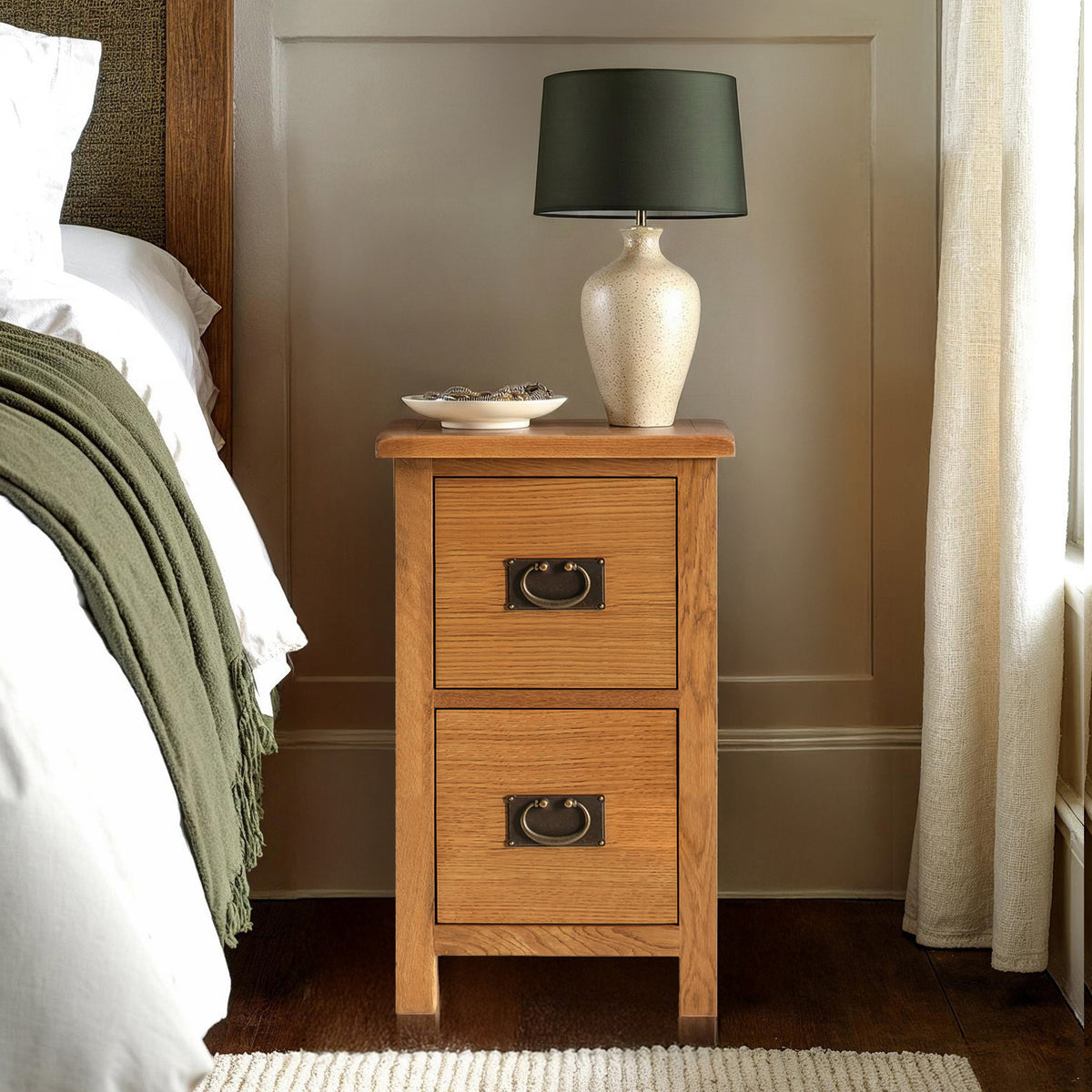 Surrey Oak Slim Bedside Table for compact bedrooms from Roseland Furniture